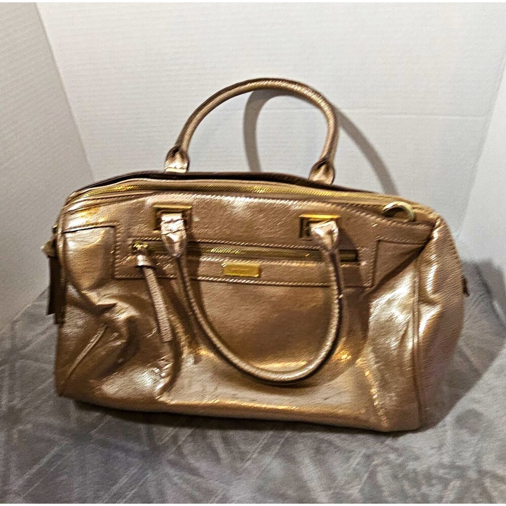 Nine West Metallic Gold Satchel Top Handle Bag Zip/Magnetic Polka Dot Lined